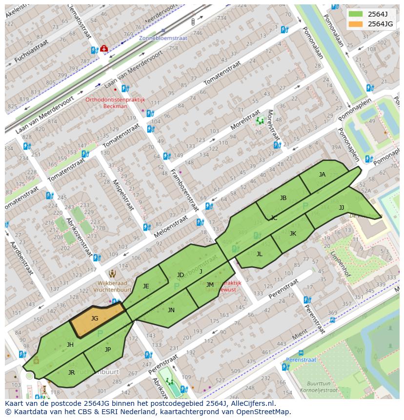 Afbeelding van het postcodegebied 2564 JG op de kaart.