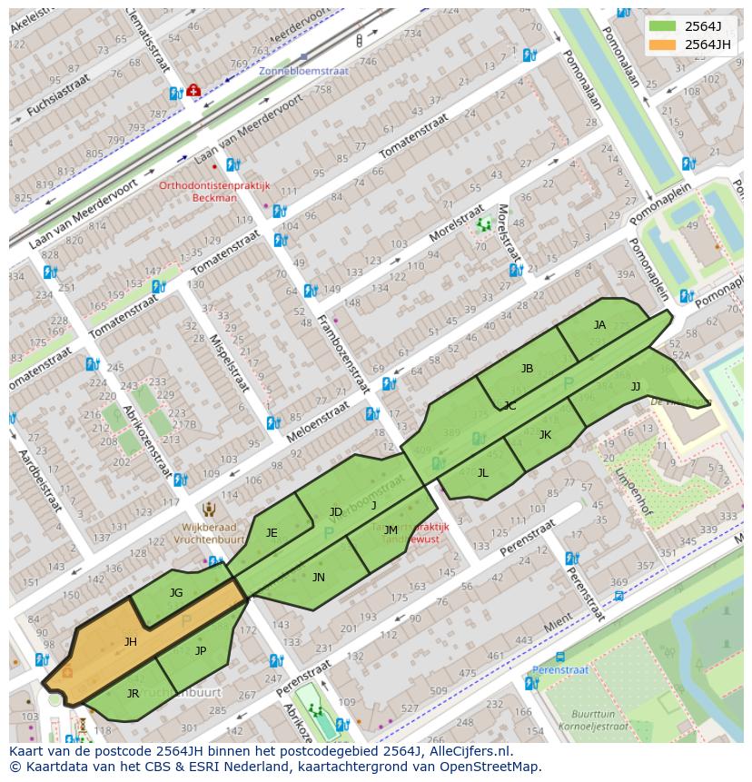 Afbeelding van het postcodegebied 2564 JH op de kaart.