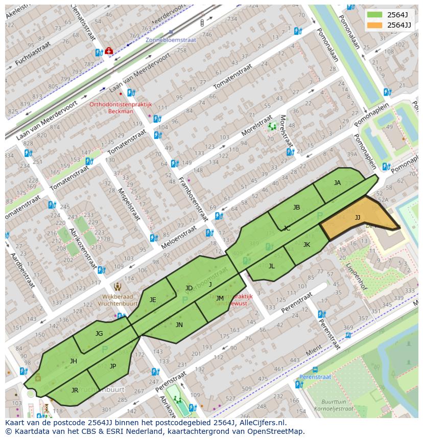 Afbeelding van het postcodegebied 2564 JJ op de kaart.
