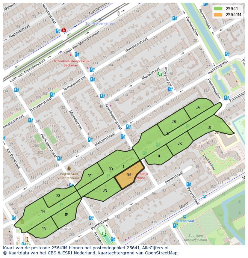 Afbeelding van het postcodegebied 2564 JM op de kaart.