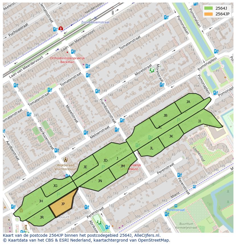Afbeelding van het postcodegebied 2564 JP op de kaart.