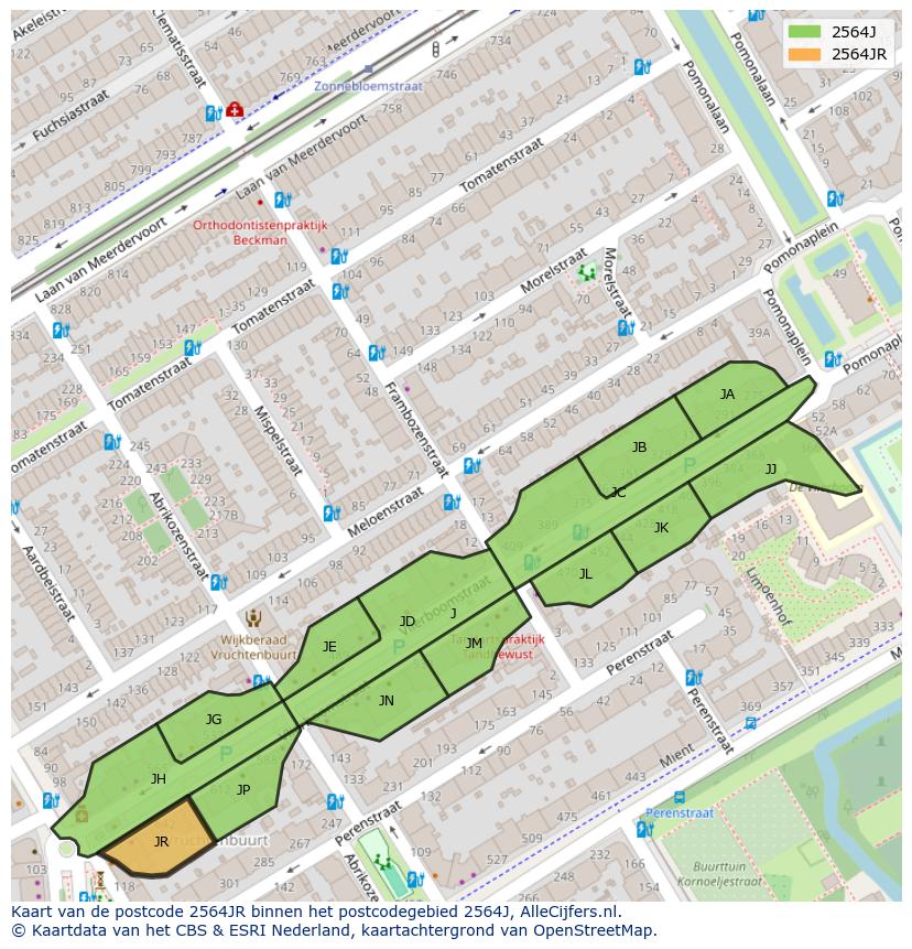 Afbeelding van het postcodegebied 2564 JR op de kaart.