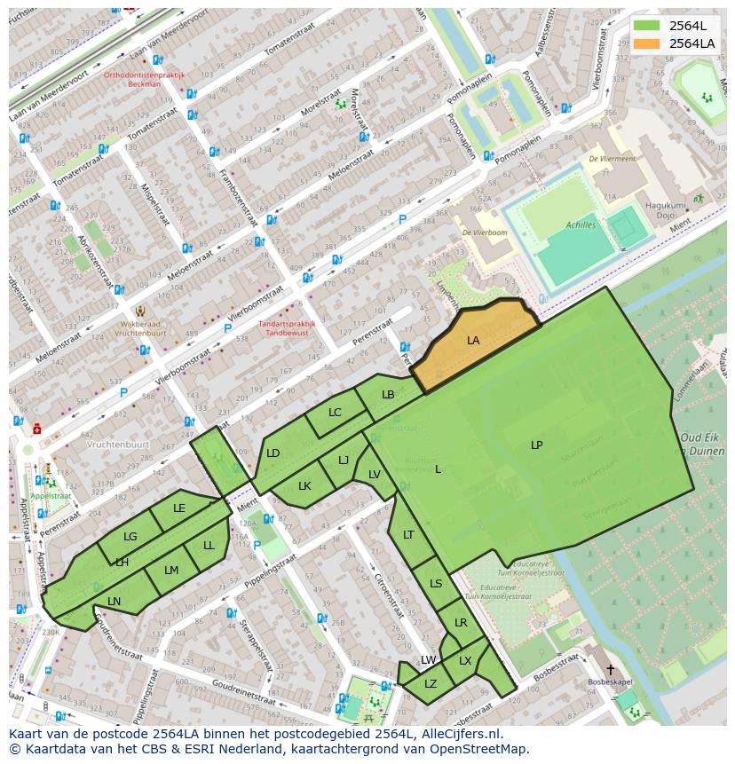 Afbeelding van het postcodegebied 2564 LA op de kaart.