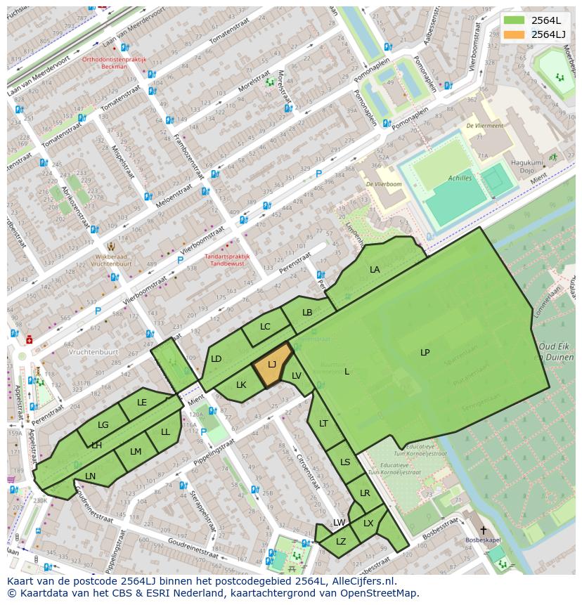 Afbeelding van het postcodegebied 2564 LJ op de kaart.