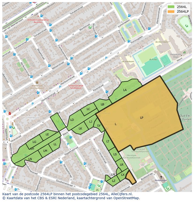 Afbeelding van het postcodegebied 2564 LP op de kaart.