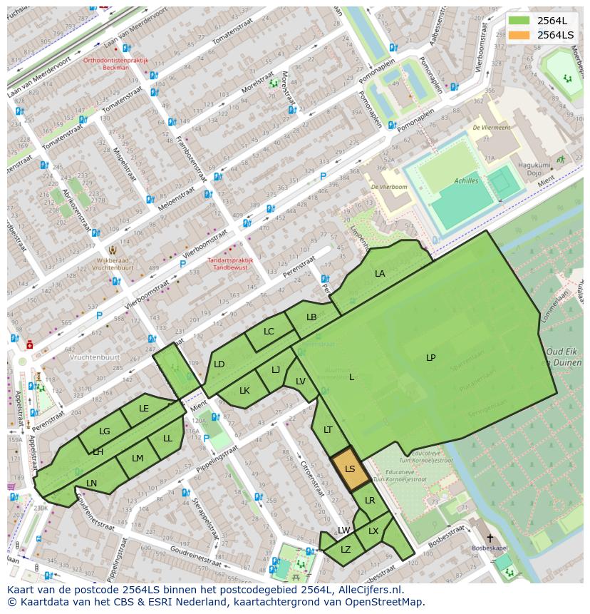 Afbeelding van het postcodegebied 2564 LS op de kaart.