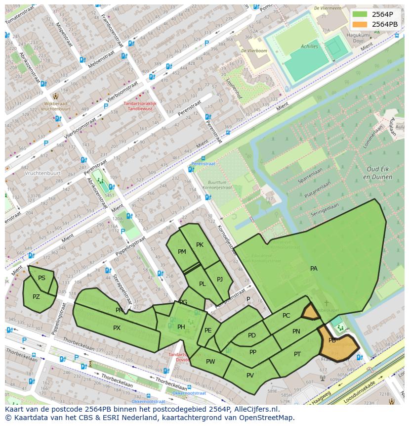 Afbeelding van het postcodegebied 2564 PB op de kaart.