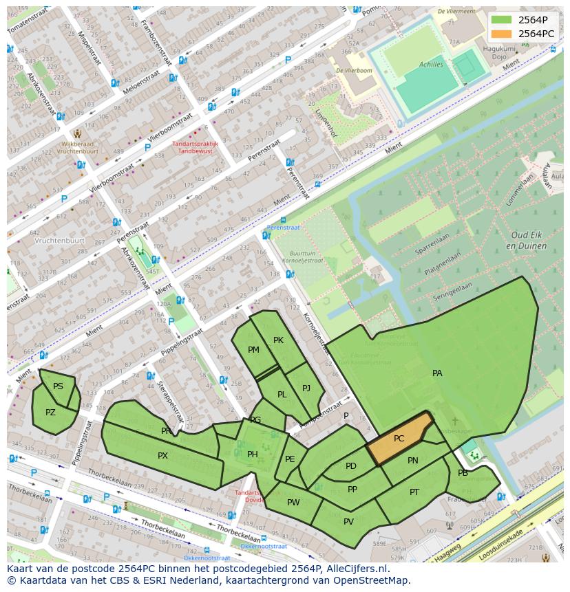 Afbeelding van het postcodegebied 2564 PC op de kaart.