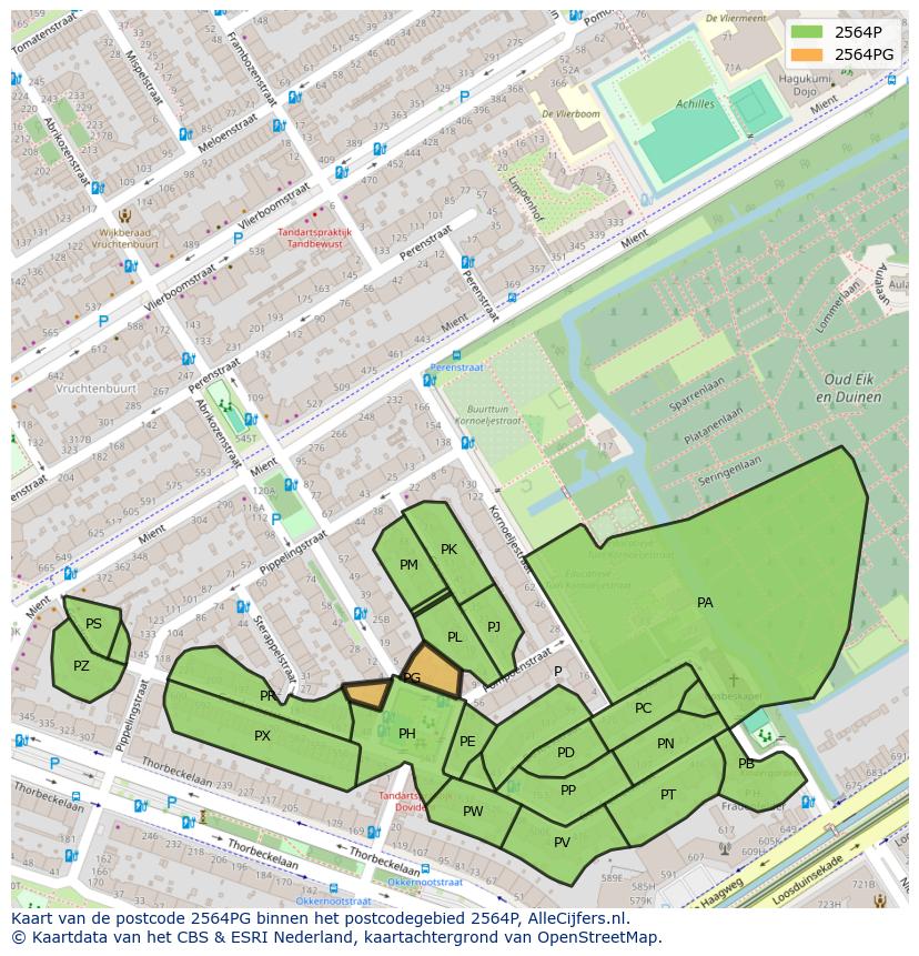 Afbeelding van het postcodegebied 2564 PG op de kaart.