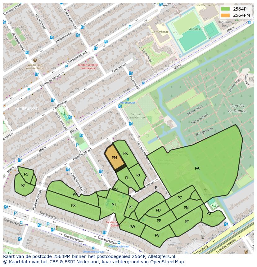 Afbeelding van het postcodegebied 2564 PM op de kaart.