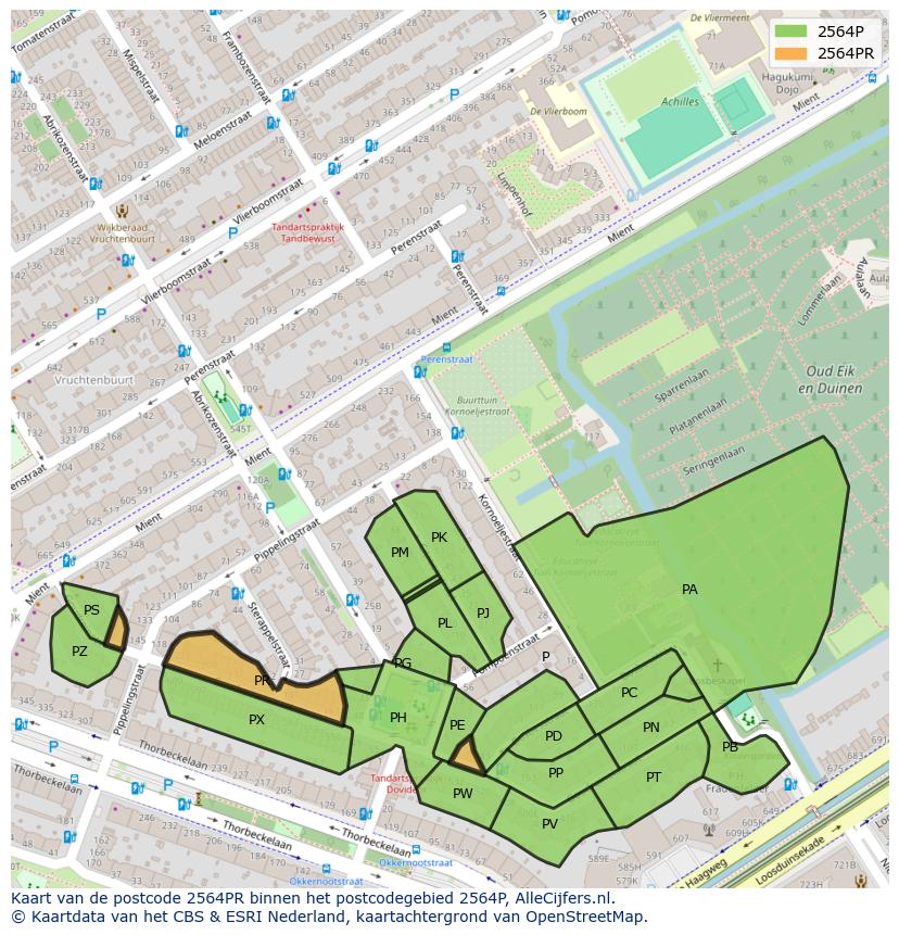 Afbeelding van het postcodegebied 2564 PR op de kaart.