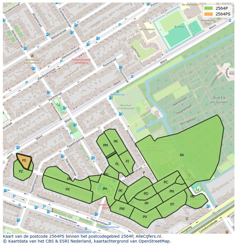 Afbeelding van het postcodegebied 2564 PS op de kaart.