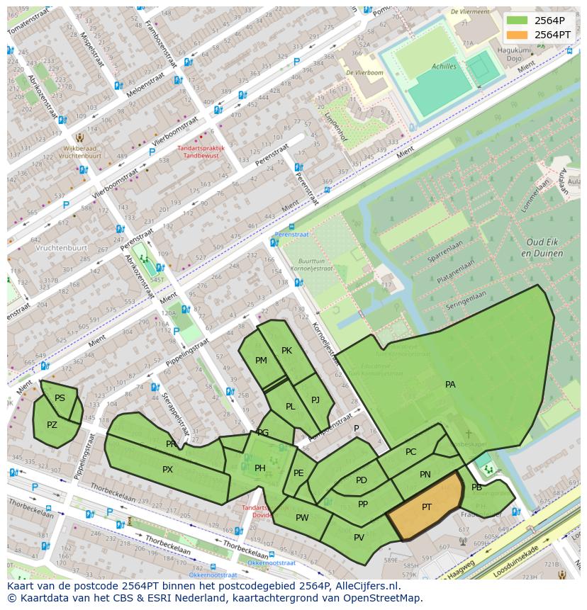 Afbeelding van het postcodegebied 2564 PT op de kaart.
