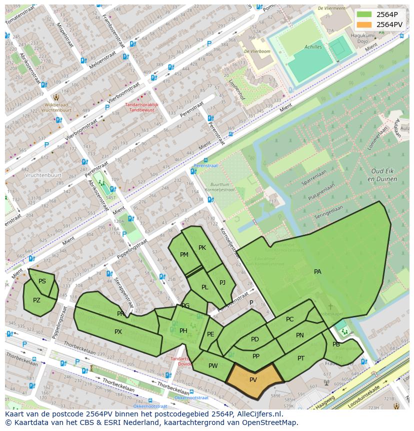 Afbeelding van het postcodegebied 2564 PV op de kaart.