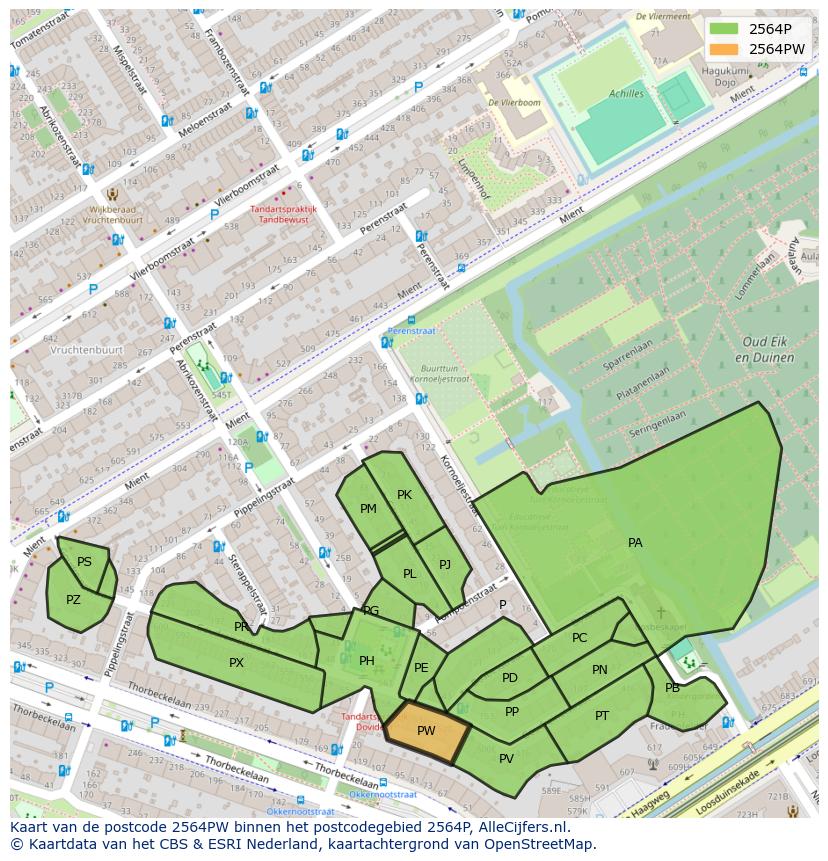 Afbeelding van het postcodegebied 2564 PW op de kaart.