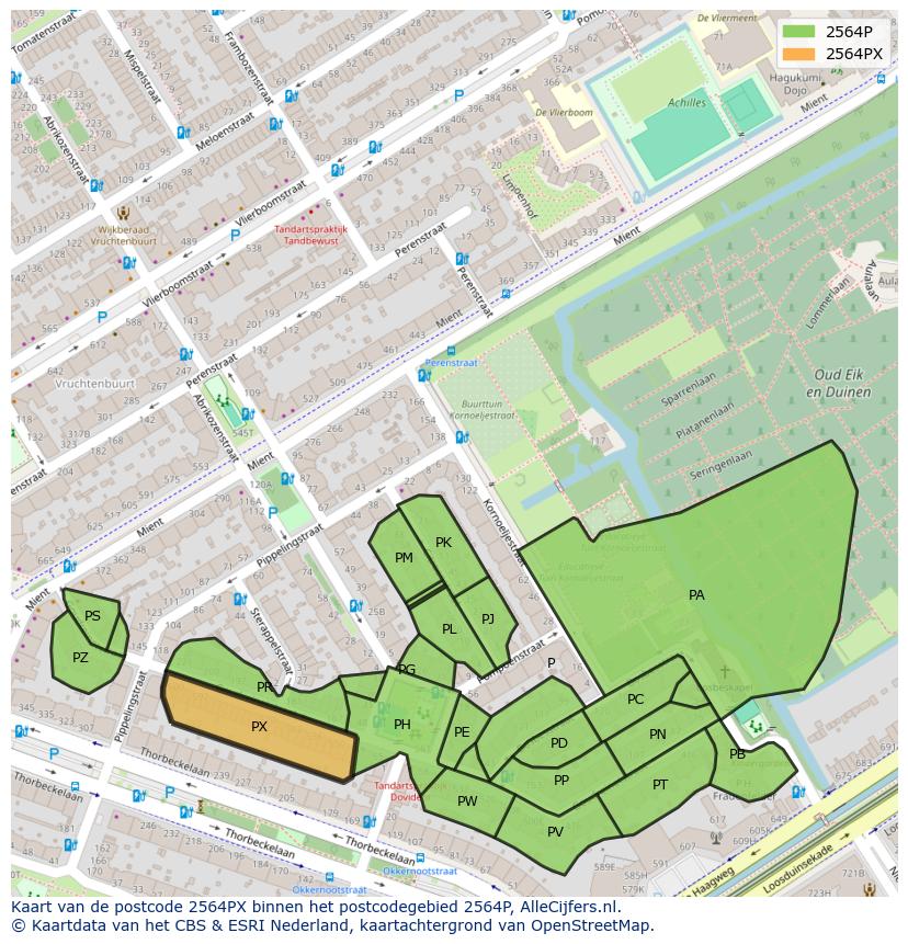 Afbeelding van het postcodegebied 2564 PX op de kaart.