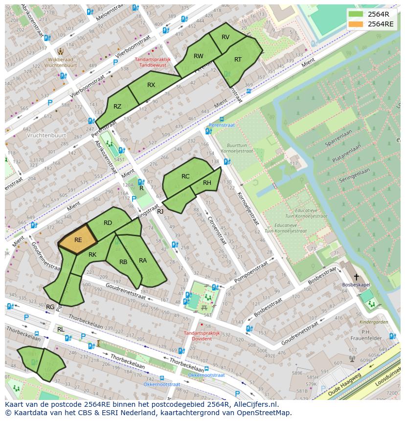 Afbeelding van het postcodegebied 2564 RE op de kaart.