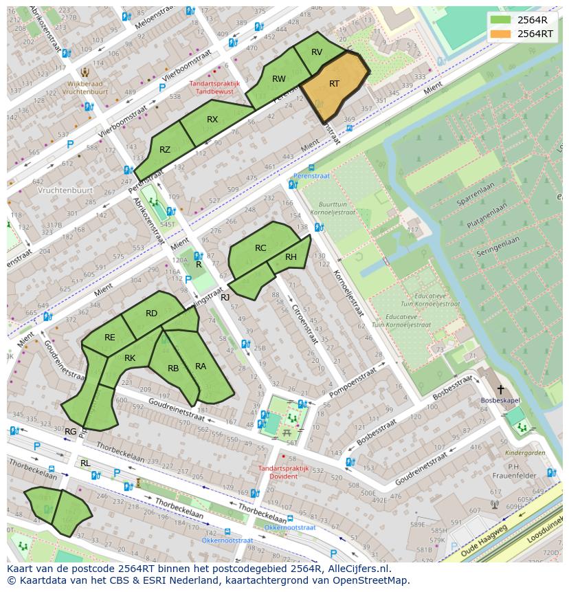 Afbeelding van het postcodegebied 2564 RT op de kaart.