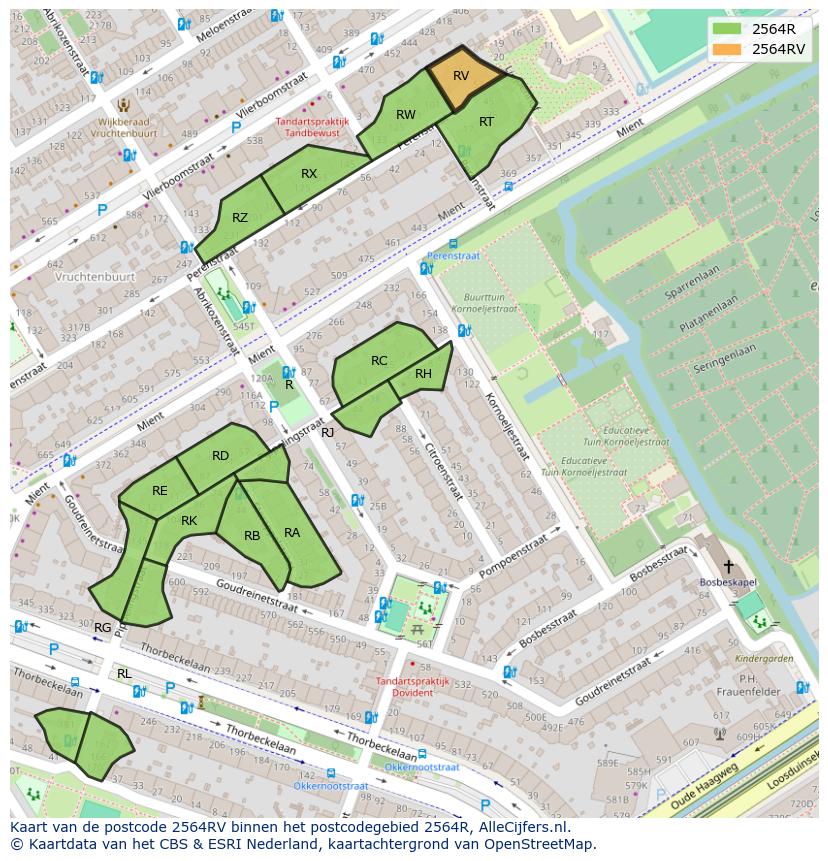 Afbeelding van het postcodegebied 2564 RV op de kaart.