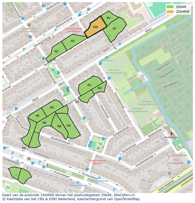 Afbeelding van het postcodegebied 2564 RW op de kaart.