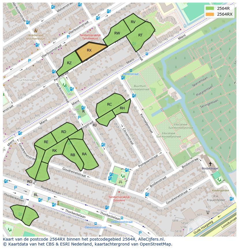 Afbeelding van het postcodegebied 2564 RX op de kaart.