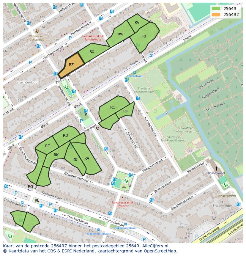 Afbeelding van het postcodegebied 2564 RZ op de kaart.