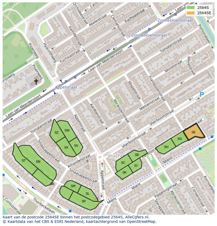 Afbeelding van het postcodegebied 2564 SE op de kaart.