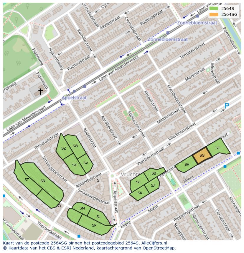 Afbeelding van het postcodegebied 2564 SG op de kaart.