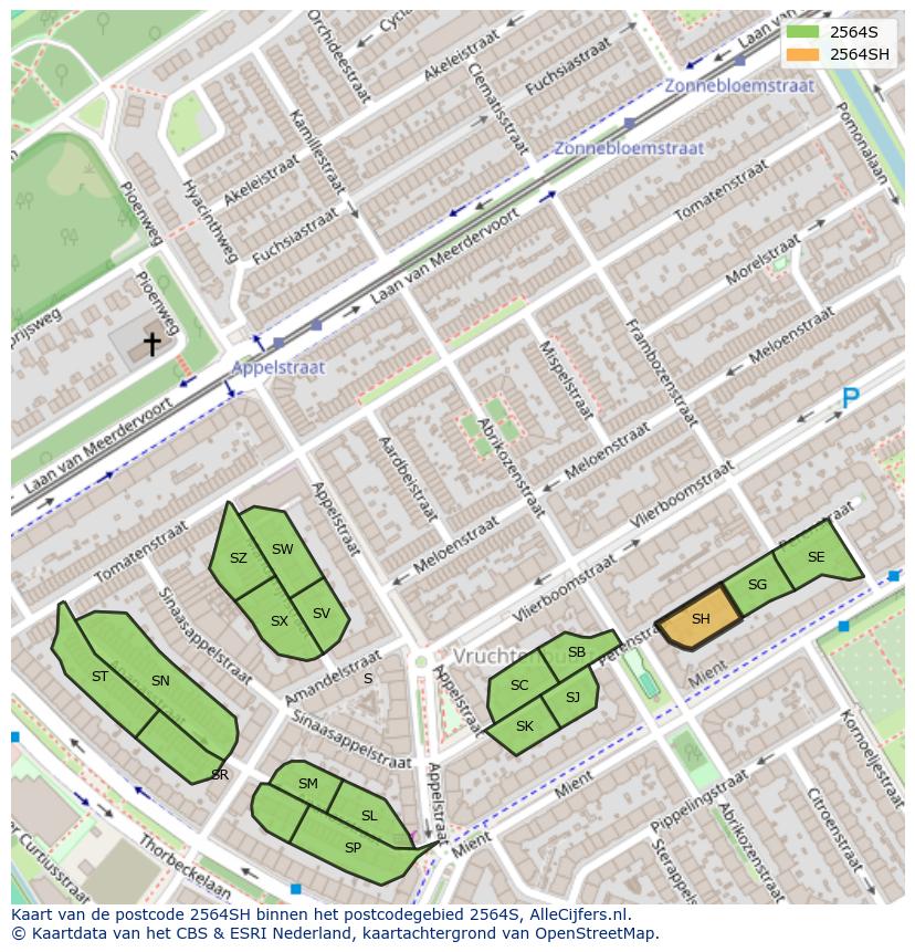 Afbeelding van het postcodegebied 2564 SH op de kaart.