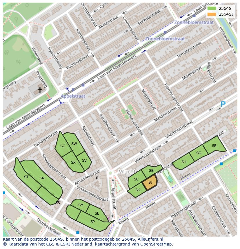 Afbeelding van het postcodegebied 2564 SJ op de kaart.