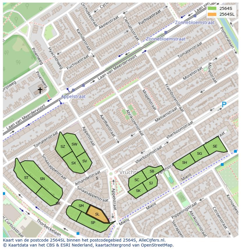 Afbeelding van het postcodegebied 2564 SL op de kaart.