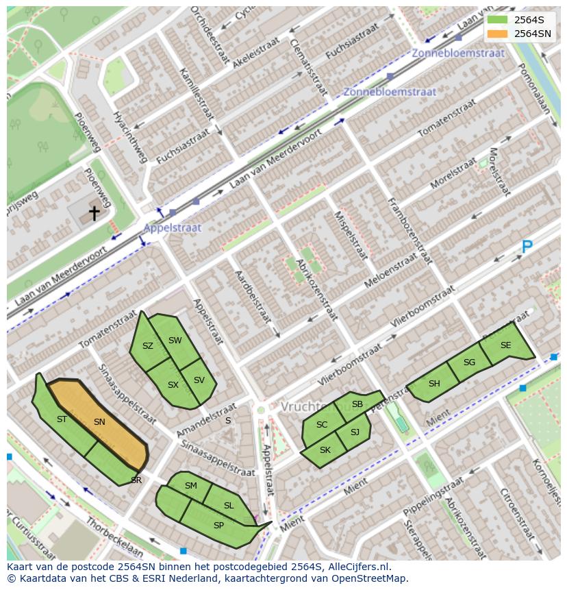 Afbeelding van het postcodegebied 2564 SN op de kaart.