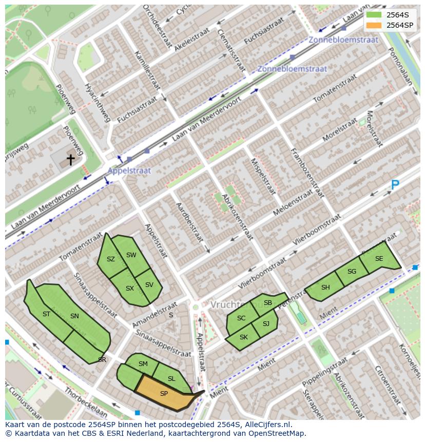 Afbeelding van het postcodegebied 2564 SP op de kaart.