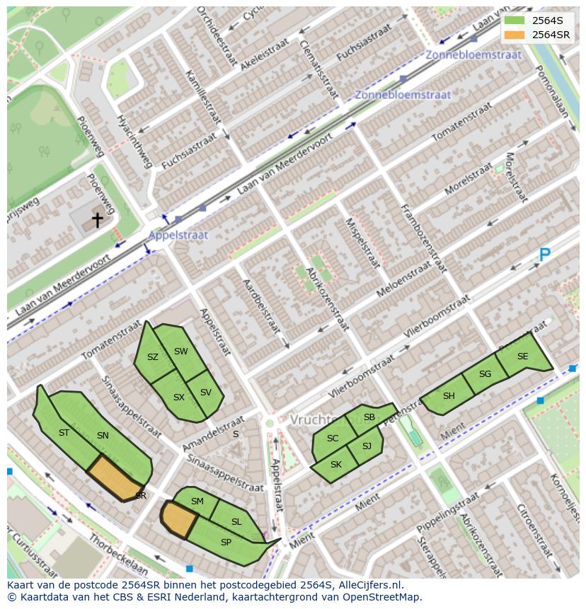 Afbeelding van het postcodegebied 2564 SR op de kaart.