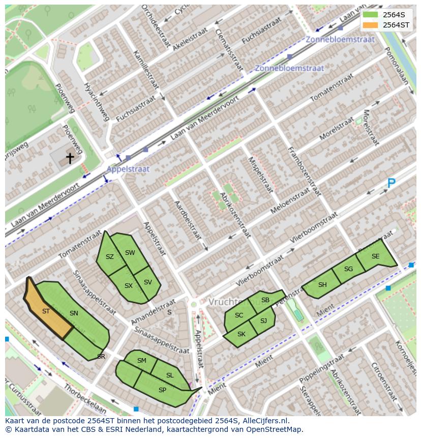 Afbeelding van het postcodegebied 2564 ST op de kaart.