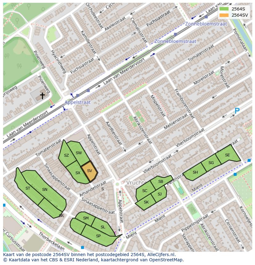 Afbeelding van het postcodegebied 2564 SV op de kaart.