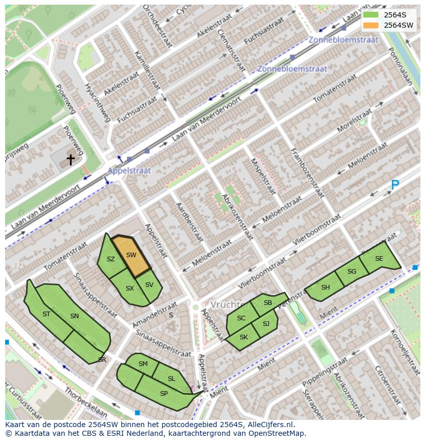 Afbeelding van het postcodegebied 2564 SW op de kaart.