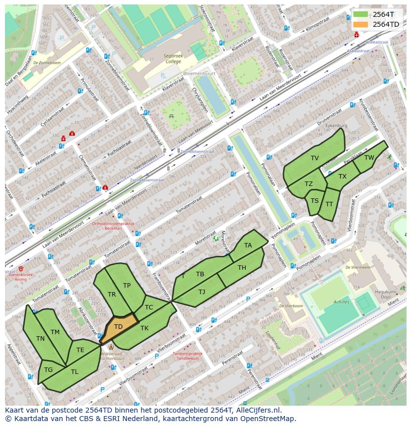 Afbeelding van het postcodegebied 2564 TD op de kaart.