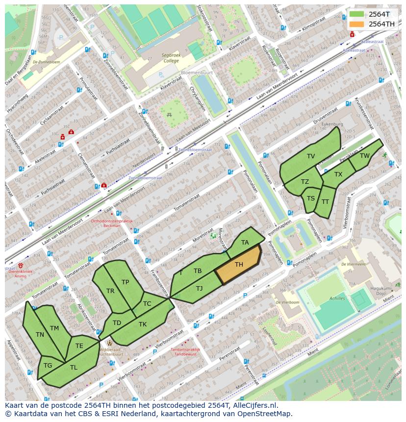 Afbeelding van het postcodegebied 2564 TH op de kaart.