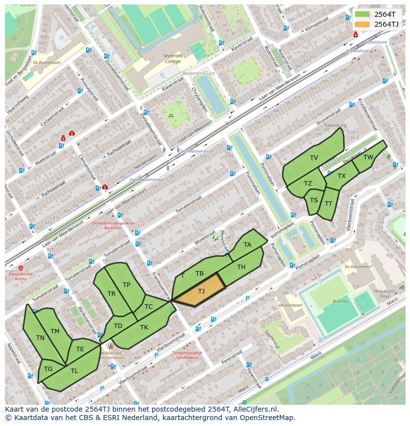 Afbeelding van het postcodegebied 2564 TJ op de kaart.