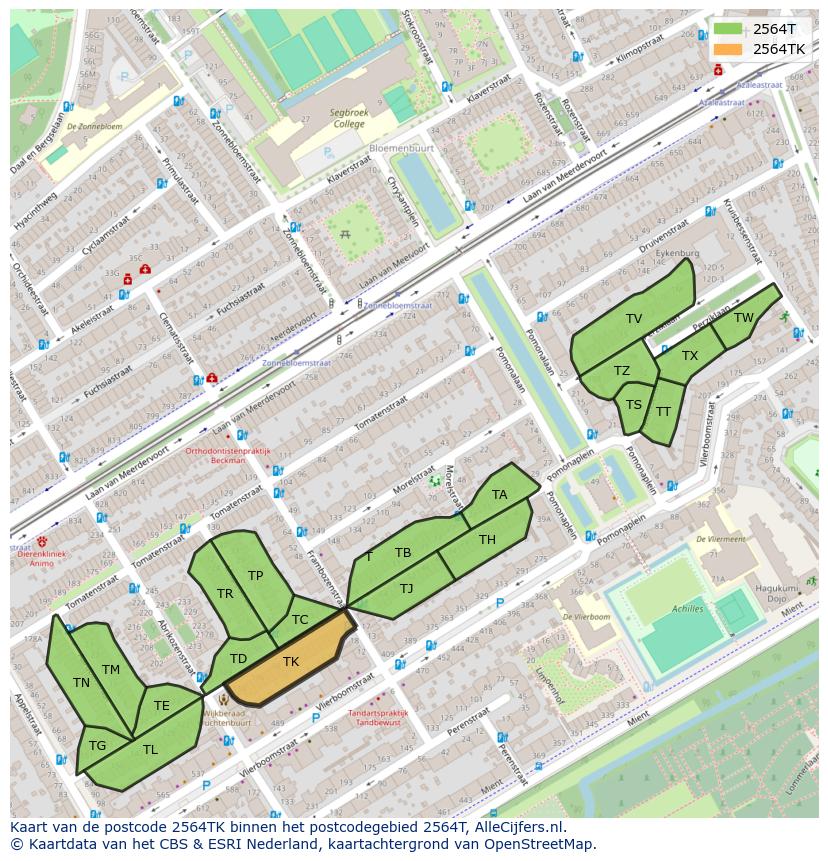 Afbeelding van het postcodegebied 2564 TK op de kaart.