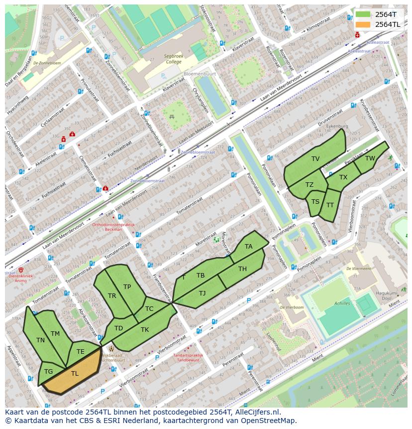 Afbeelding van het postcodegebied 2564 TL op de kaart.