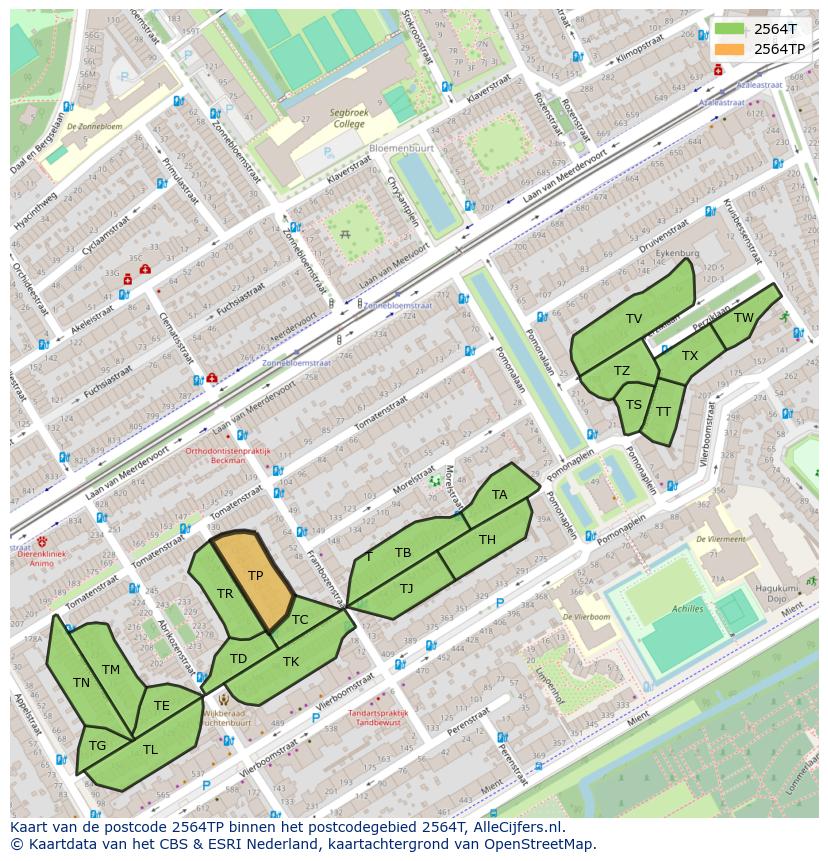 Afbeelding van het postcodegebied 2564 TP op de kaart.