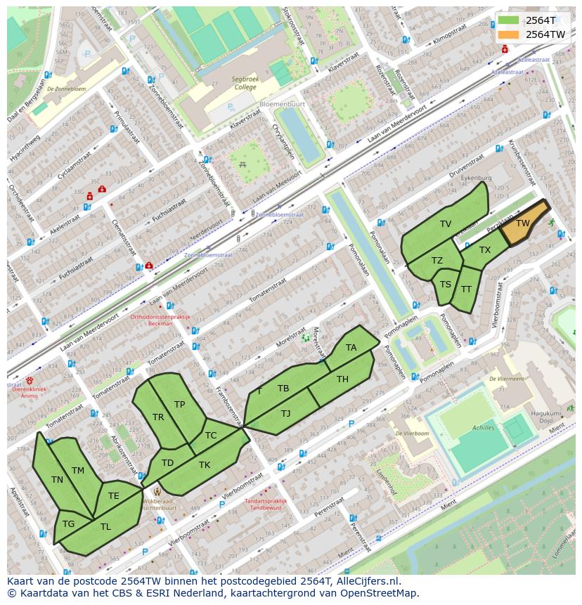 Afbeelding van het postcodegebied 2564 TW op de kaart.