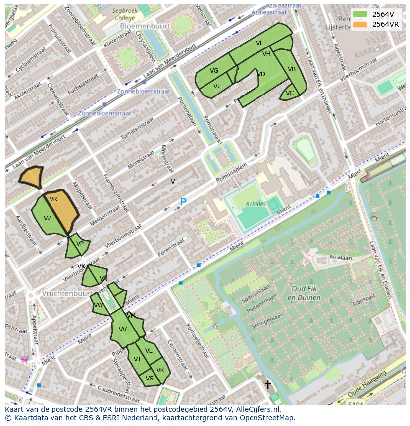 Afbeelding van het postcodegebied 2564 VR op de kaart.