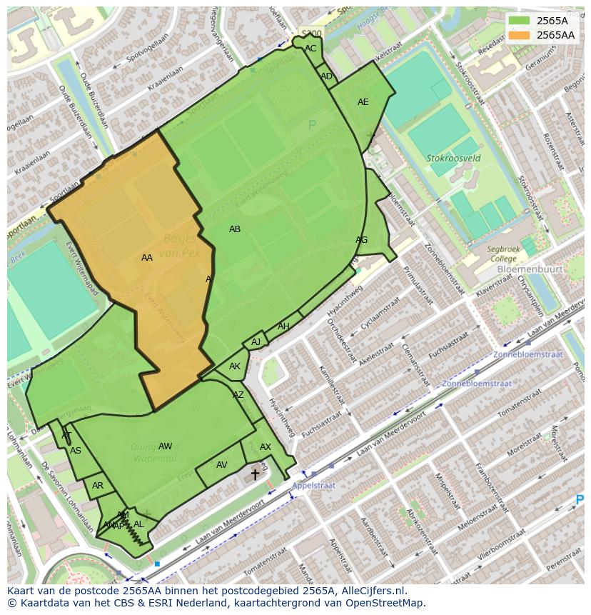 Afbeelding van het postcodegebied 2565 AA op de kaart.