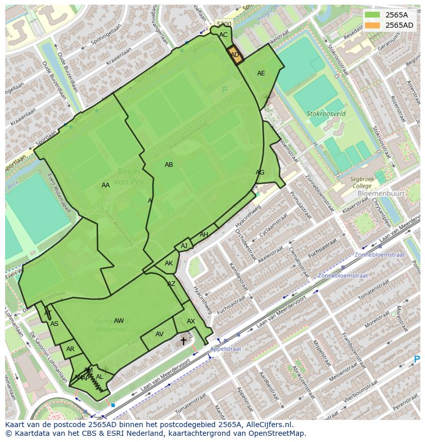 Afbeelding van het postcodegebied 2565 AD op de kaart.