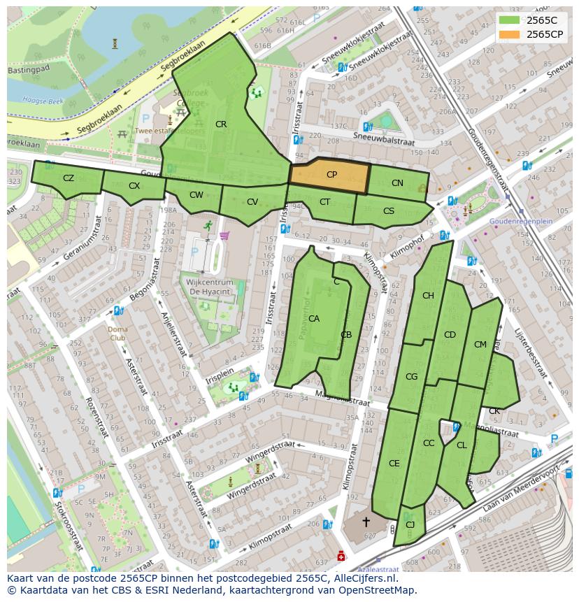Afbeelding van het postcodegebied 2565 CP op de kaart.