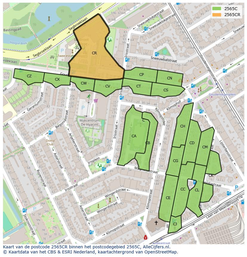 Afbeelding van het postcodegebied 2565 CR op de kaart.