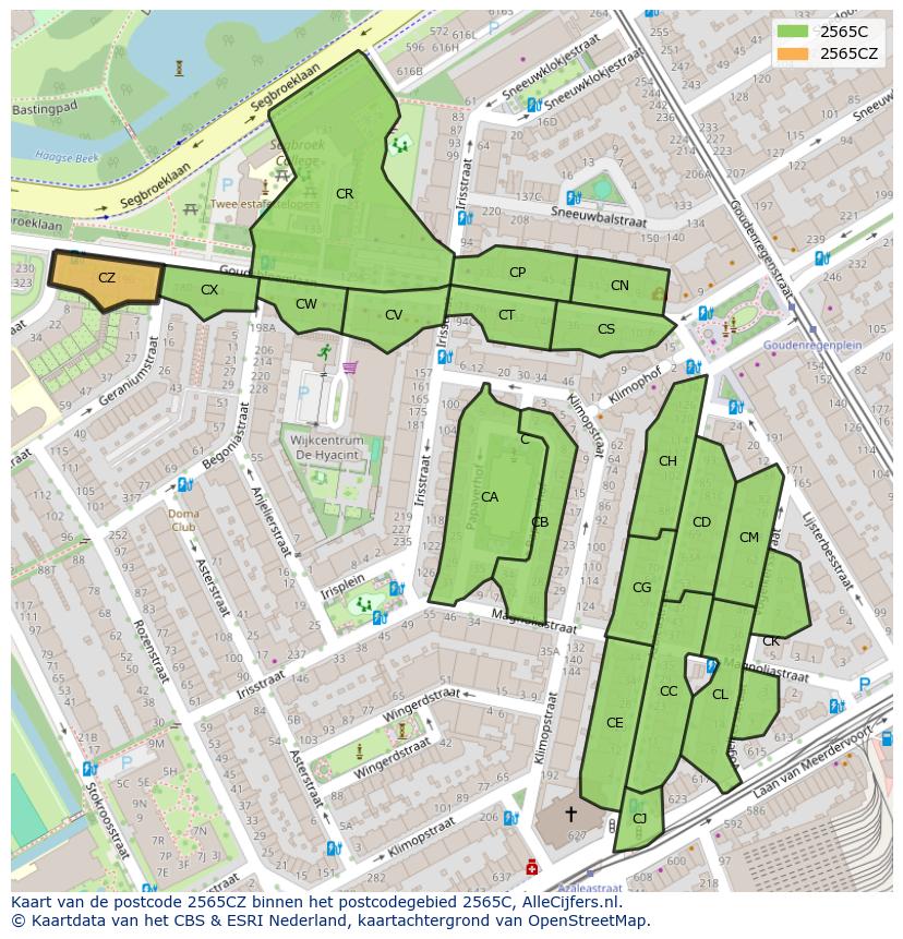 Afbeelding van het postcodegebied 2565 CZ op de kaart.